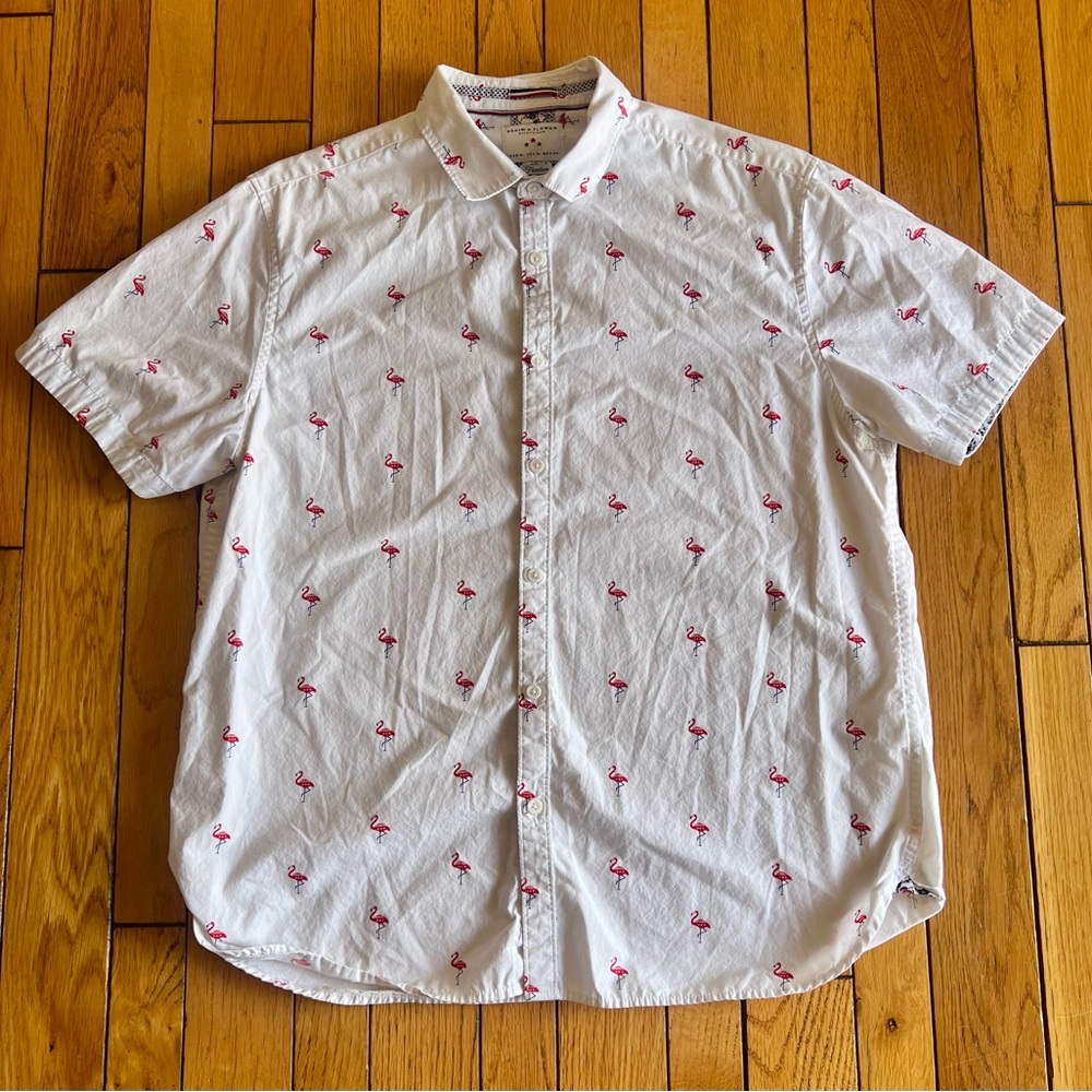 Denim & Flower White Shirt with Red Flamingo Print
